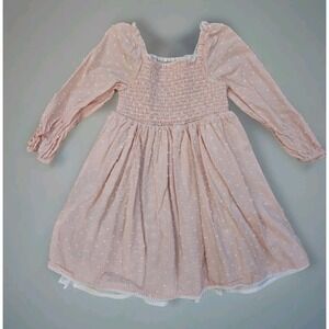 Rachel Zoe Girls Peach Striped Clip Dot Smocked Dress 5T Long Sleeve Lace Trim